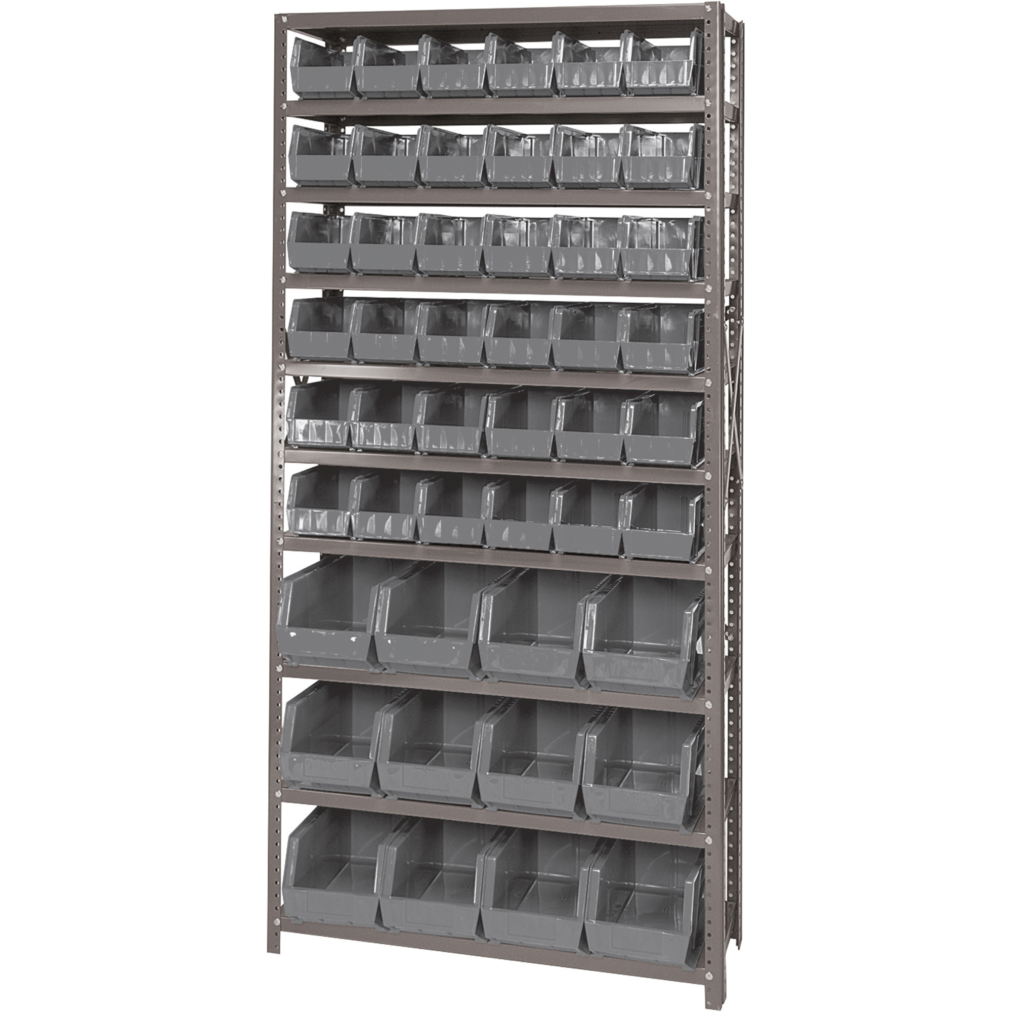 Quantum Storage Single Side Metal Shelving Unit with 48 Assorted Bins, 12in. x 36in. x 75in. Rack Size, Black, Model# QSBU-230240BK